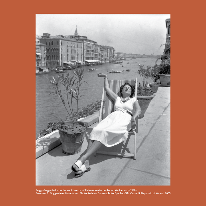 Peggy Guggenheim lounging on a deck chair posed next to the Grand Canal in Venice, Italy early 1950s.