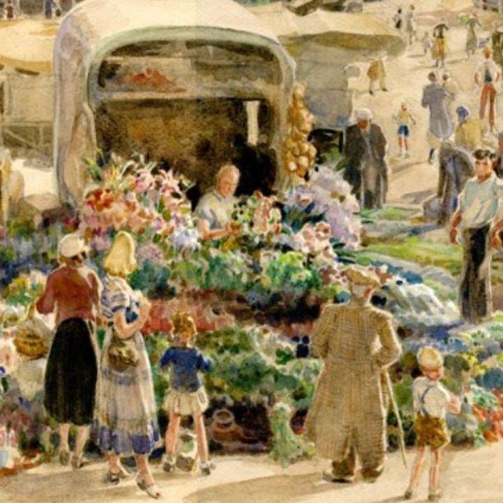 Watercolor by Flora Twort of the market in Petersfield Sqaure. Flower stall.