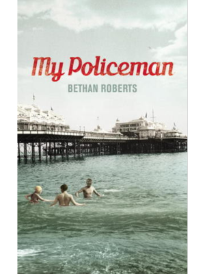Cover art of My Policeman by Bethan Roberts: three people swimming at the beach by the pier.