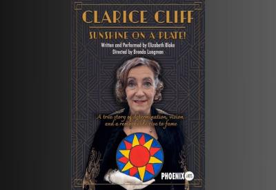 Poster for the theatre show with actor playing Clarice Cliff holding an example of her work