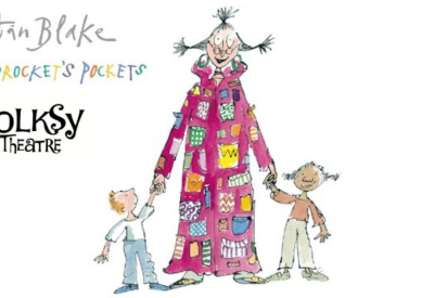 Angelica Sprocket's Pockets drawing with Angelica wearing a hot pink pocket coat with two children