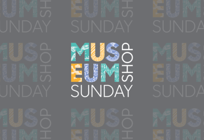 Museum Shop Sunday logo tiled on grey background