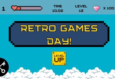 Retro games day banner with pixel treasure chest, key and clouds