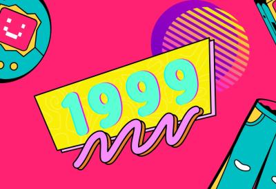 Bright coloured banner image for Back to the 90s with 90s inspired objects