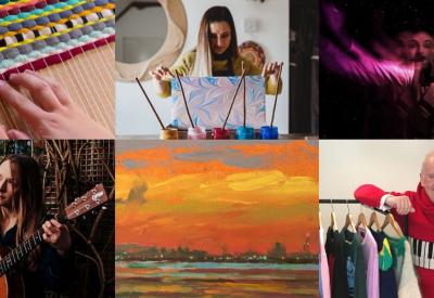 Collage of What's On event images including child weaving, artist Ebru Kocak marbling in her studio, theatre, Amy Goddard playing the guitar, Sarah Butterfield impressionist landscape oil painting, and Gyles Brandreth with his festive jumpers.