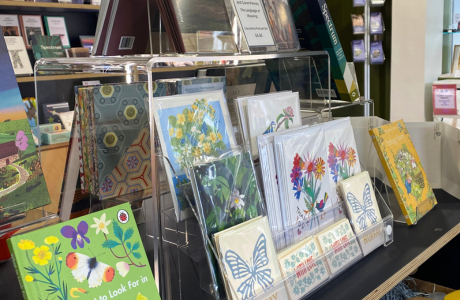 Spring stock in the Shop displayed on our front display case with nature books, children books and floral greeting cards.