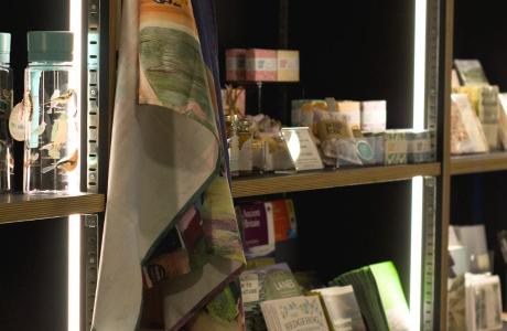 Shelves of products for sale in the Shop