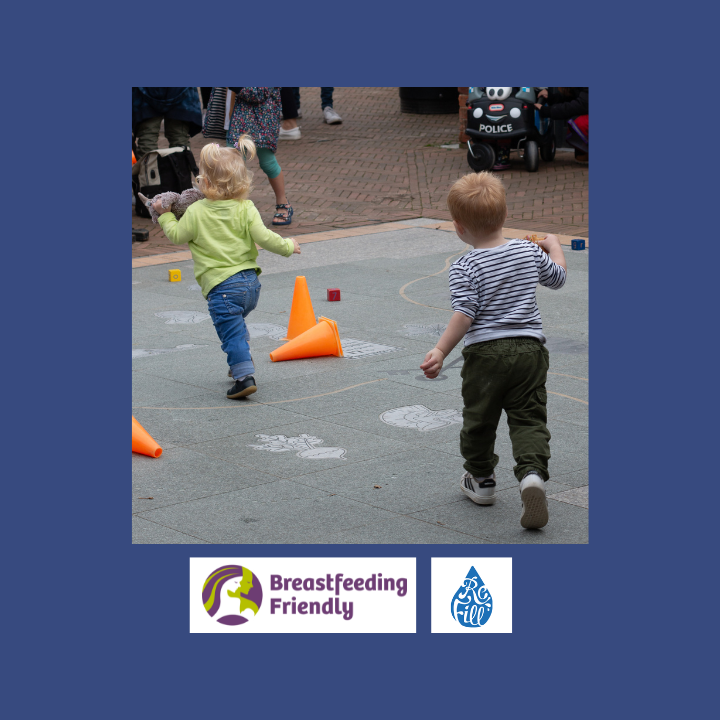 Kids running around the courtyard at Petersfield Museum and Art Gallery, logos for breastfeeding friendly space and free water refillsKids running around the courtyard at Petersfield Museum and Art Gallery, logos for breastfeeding friendly space and free water refills