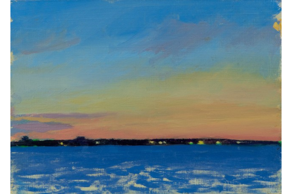 Landscape impressionist-style painting with clear blue skies during sunrise with the city skyline on the horizon.
