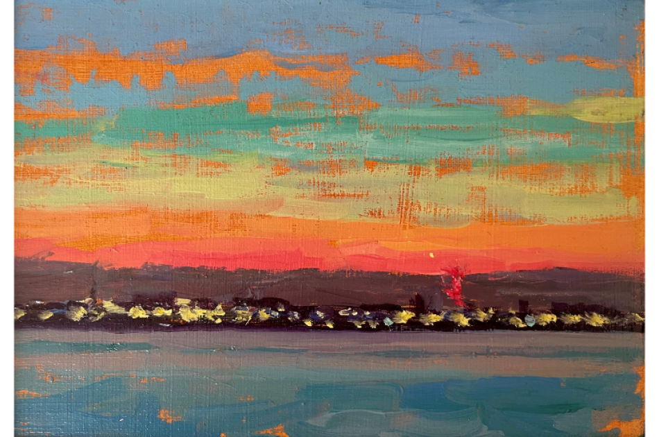 Landscape impressionist-style painting with neon pink, orange, and yellow skies dotted with textured clouds with the lights from the city skyline on the horizon.