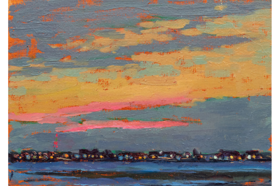 Landscape impressionist-style painting with light and dark clouds stretched across the evening skyline with lights from the city dancing on the horizon.