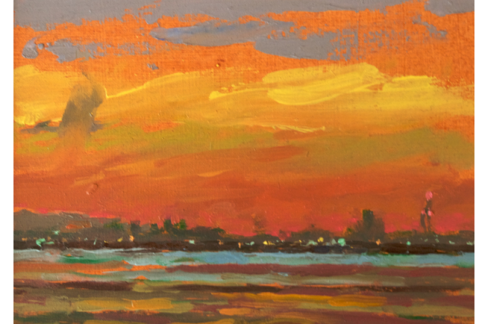 Landscape impressionist-style painting with yellow, orange, and pink skies with city skyline on the horizon.