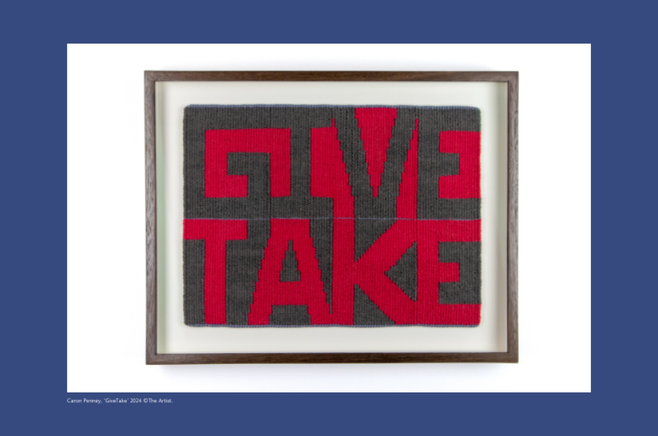 Lettering Tapestry 'GiveTake' by Caron Penney with grey and red lettering spelling out 'Give' and 'Take'