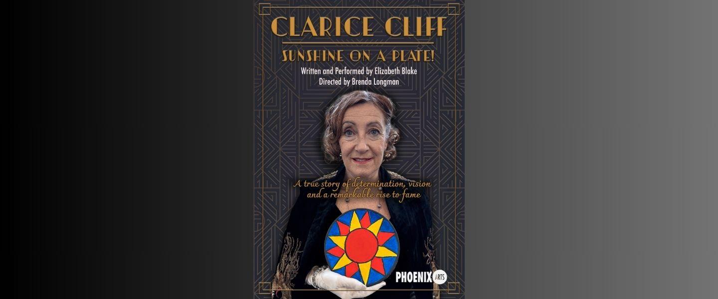 Poster for the theatre show with actor playing Clarice Cliff holding an example of her work