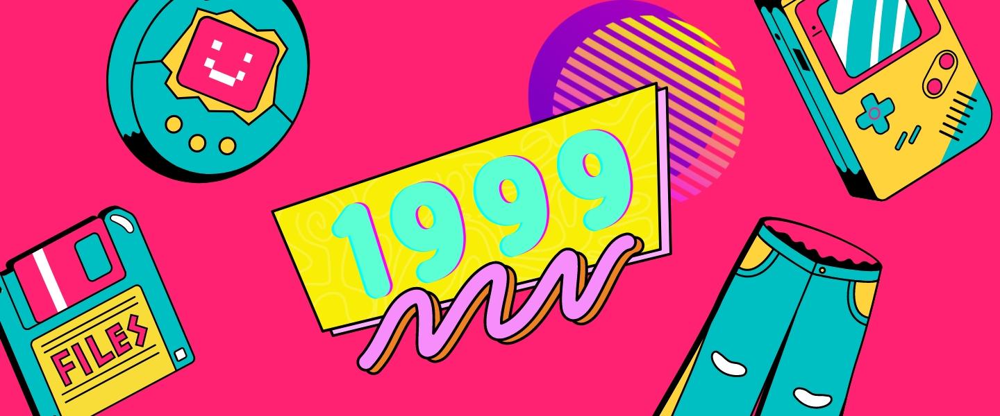 Bright coloured banner image for Back to the 90s with 90s inspired objects