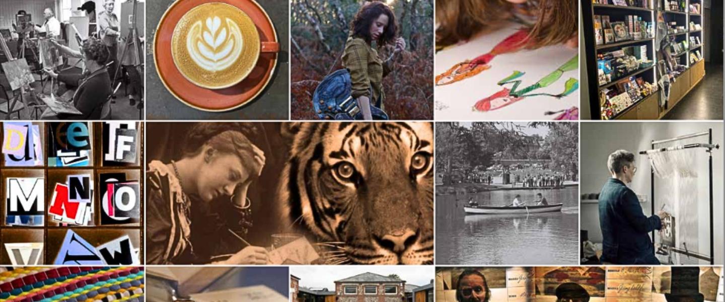 Collage image of upcoming events including Life Through a Lens collection display, Krista Green Live Music, Creative Saturday, Vegan Tigress, Weaving Workshops and more.